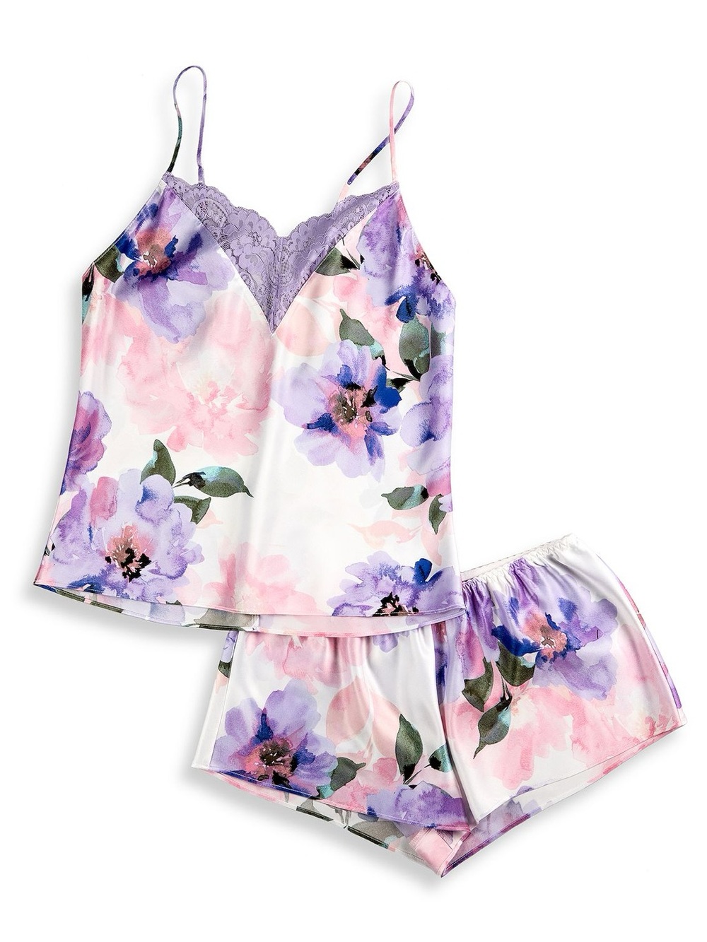 Women's Lilac+London Satin and Lace Pajama Cami & Pajama Shorts Sleep Set